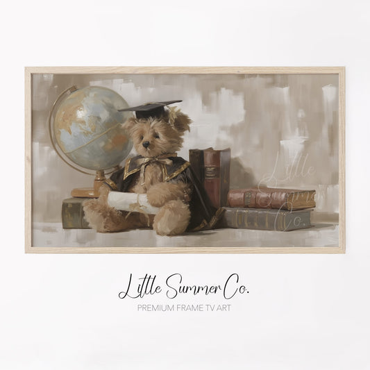 Graduation Bear With Books And Globe Frame TV Art displayed on a TV