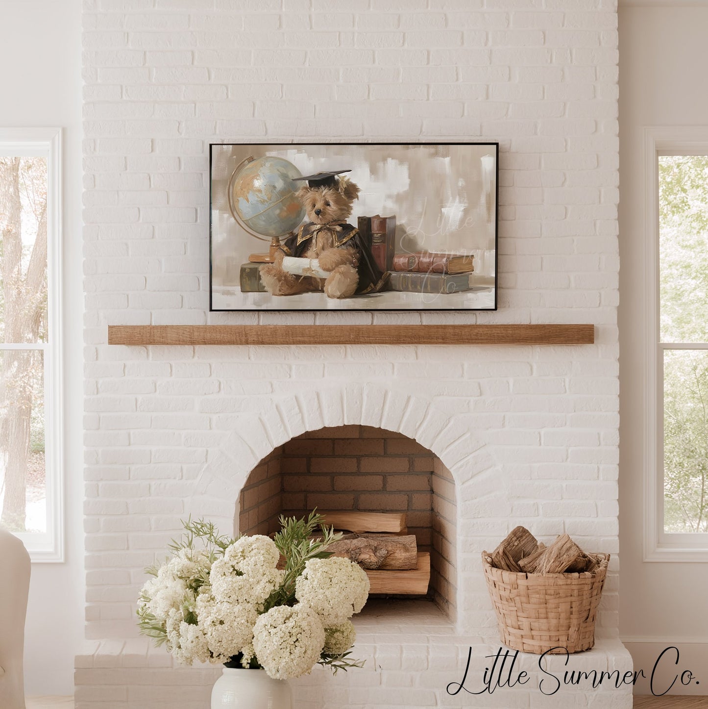 Graduation Bear With Books And Globe Frame TV Art displayed on a TV