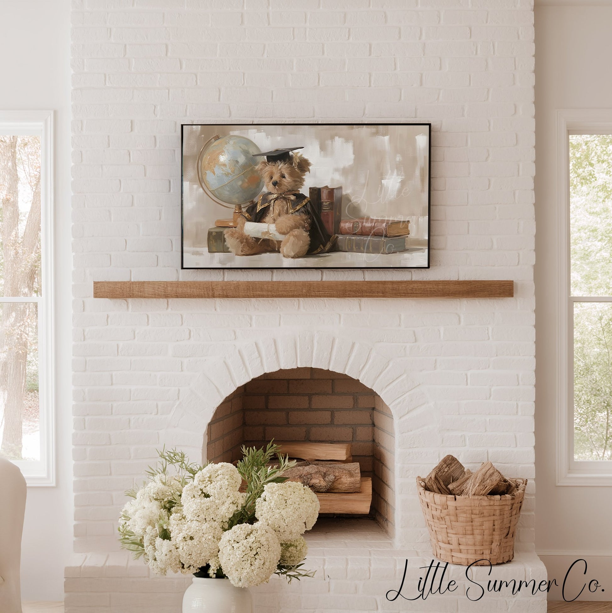 Graduation Bear With Books And Globe Frame TV Art displayed on a TV