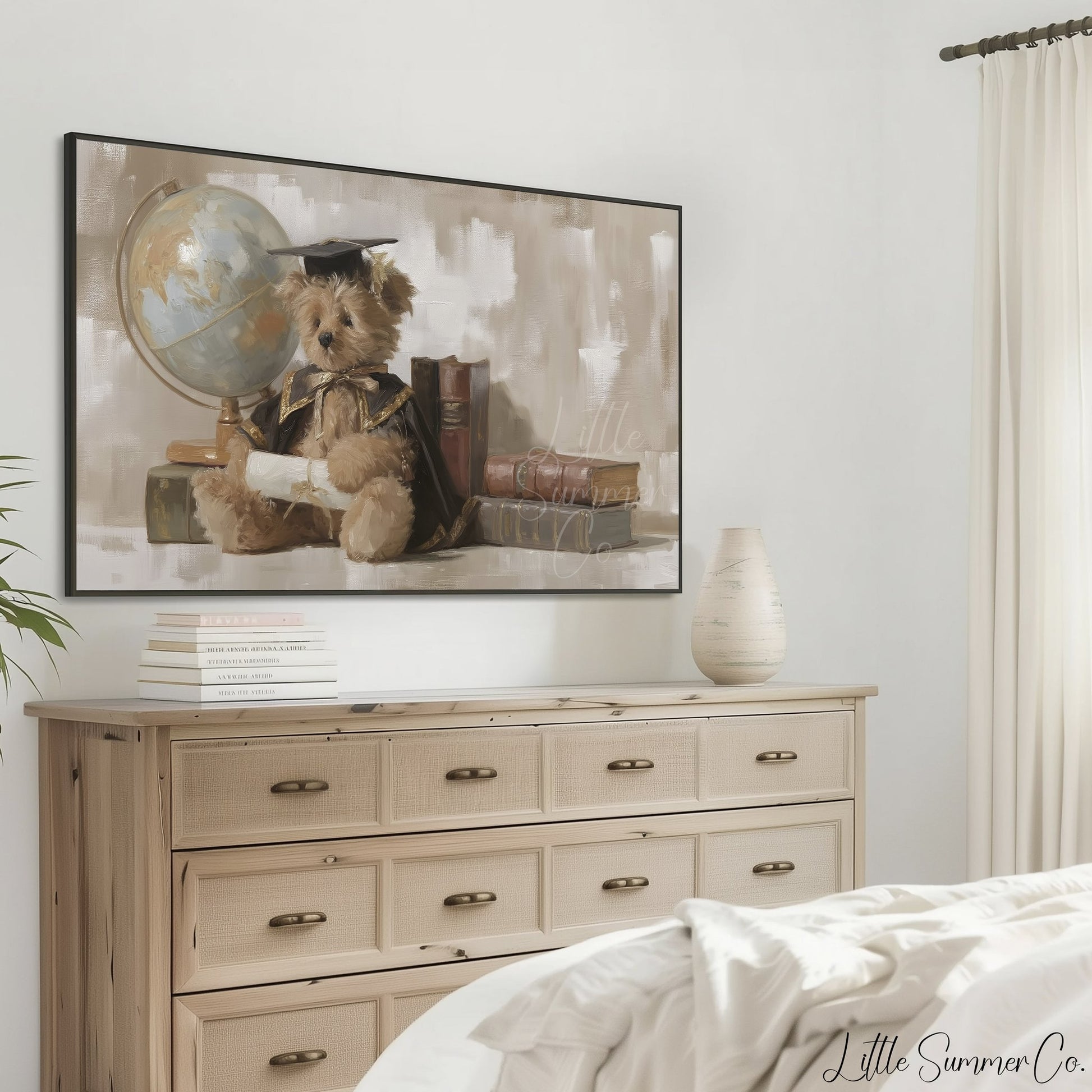 Graduation Bear With Books And Globe Frame TV Art displayed on a TV