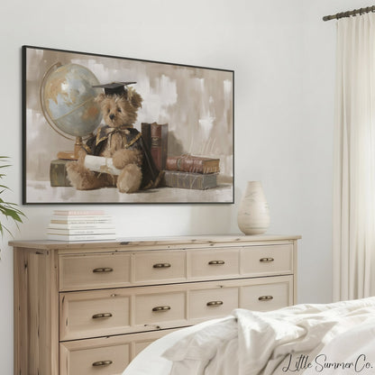 Graduation Bear With Books And Globe Frame TV Art displayed on a TV