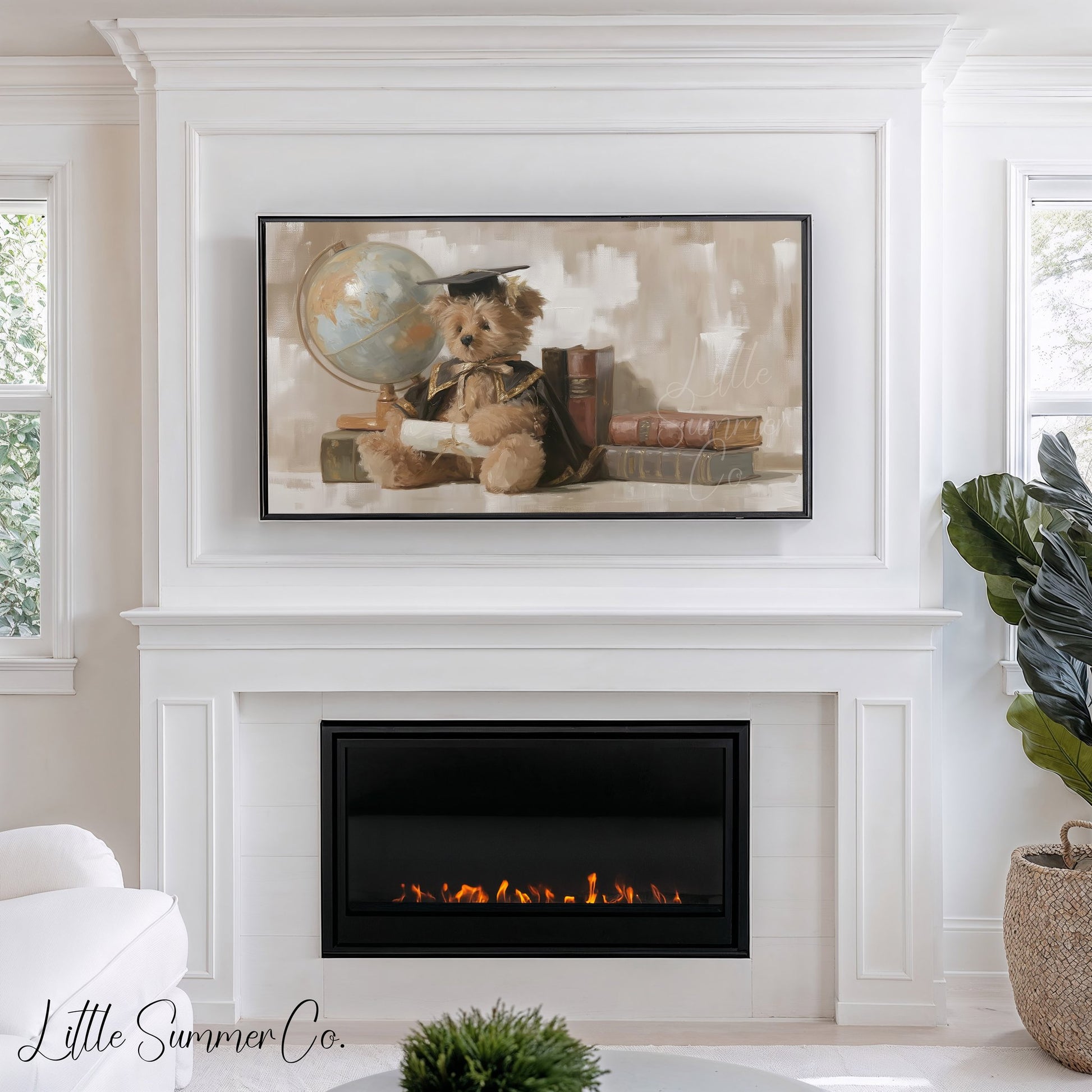 Graduation Bear With Books And Globe Frame TV Art displayed on a TV