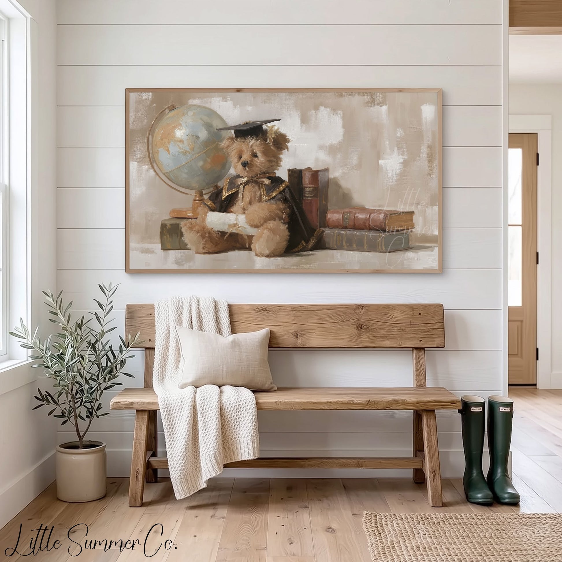 Graduation Bear With Books And Globe Frame TV Art displayed on a TV