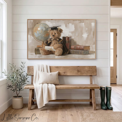 Graduation Bear With Books And Globe Frame TV Art displayed on a TV