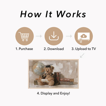 Graduation Bear With Books And Globe Frame TV Art displayed on a TV