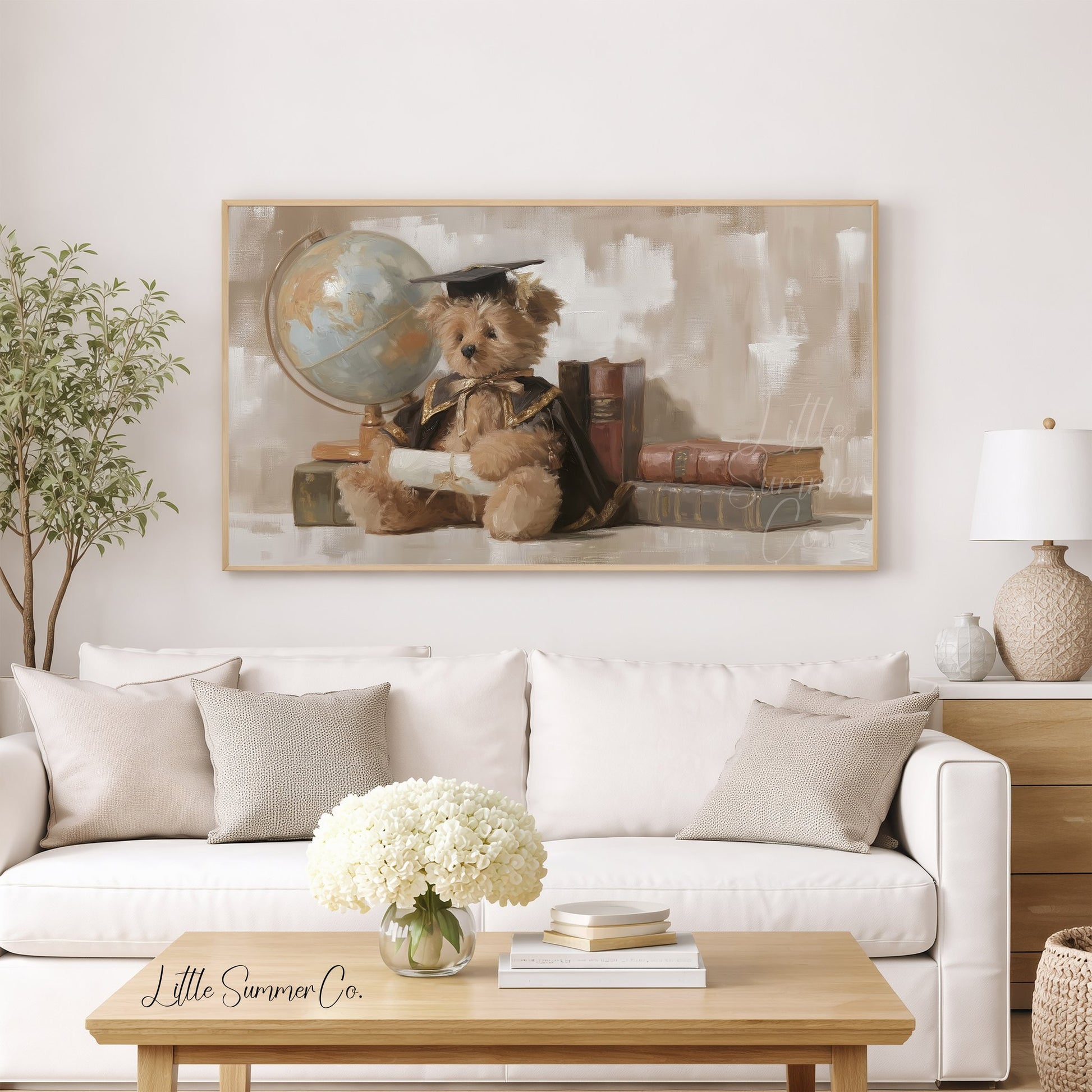 Graduation Bear With Books And Globe Frame TV Art displayed on a TV