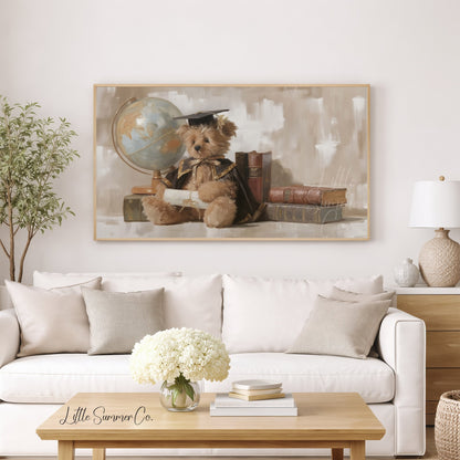 Graduation Bear With Books And Globe Frame TV Art displayed on a TV