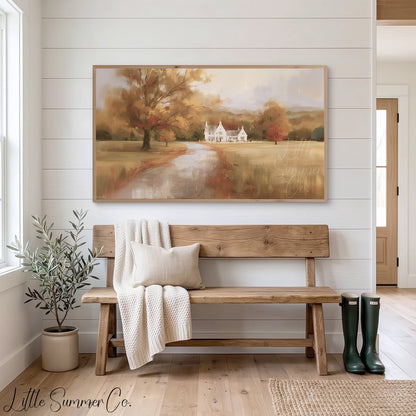 Golden Autumn Country Estate Frame TV Art displayed on a TV