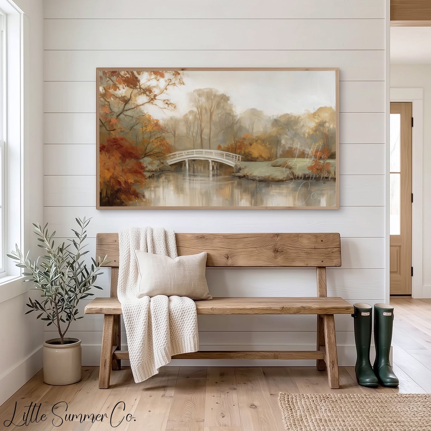 Autumn White Bridge Frame TV Art displayed on a TV