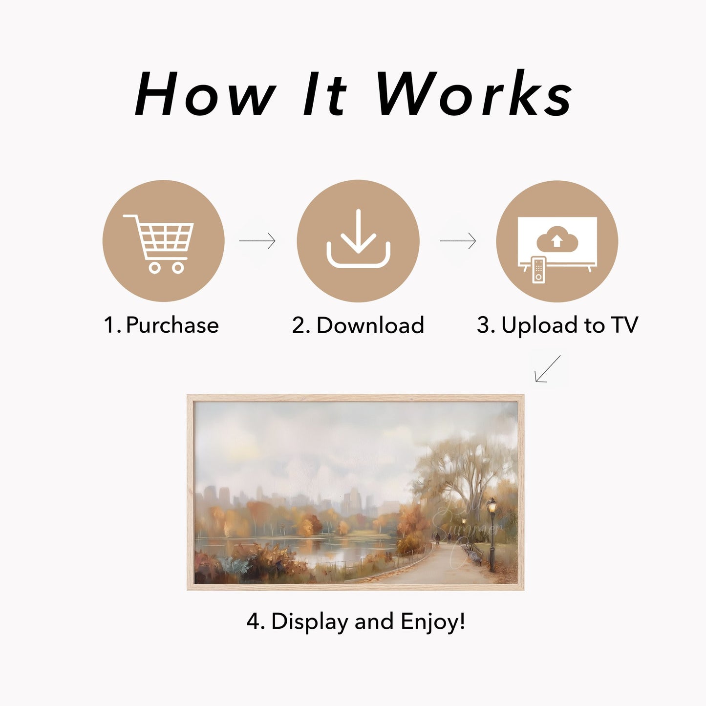 Lakeside City Path Frame TV Art displayed on a TV
