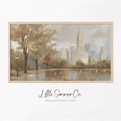 City Skyline Pond Frame TV Art displayed on a TV