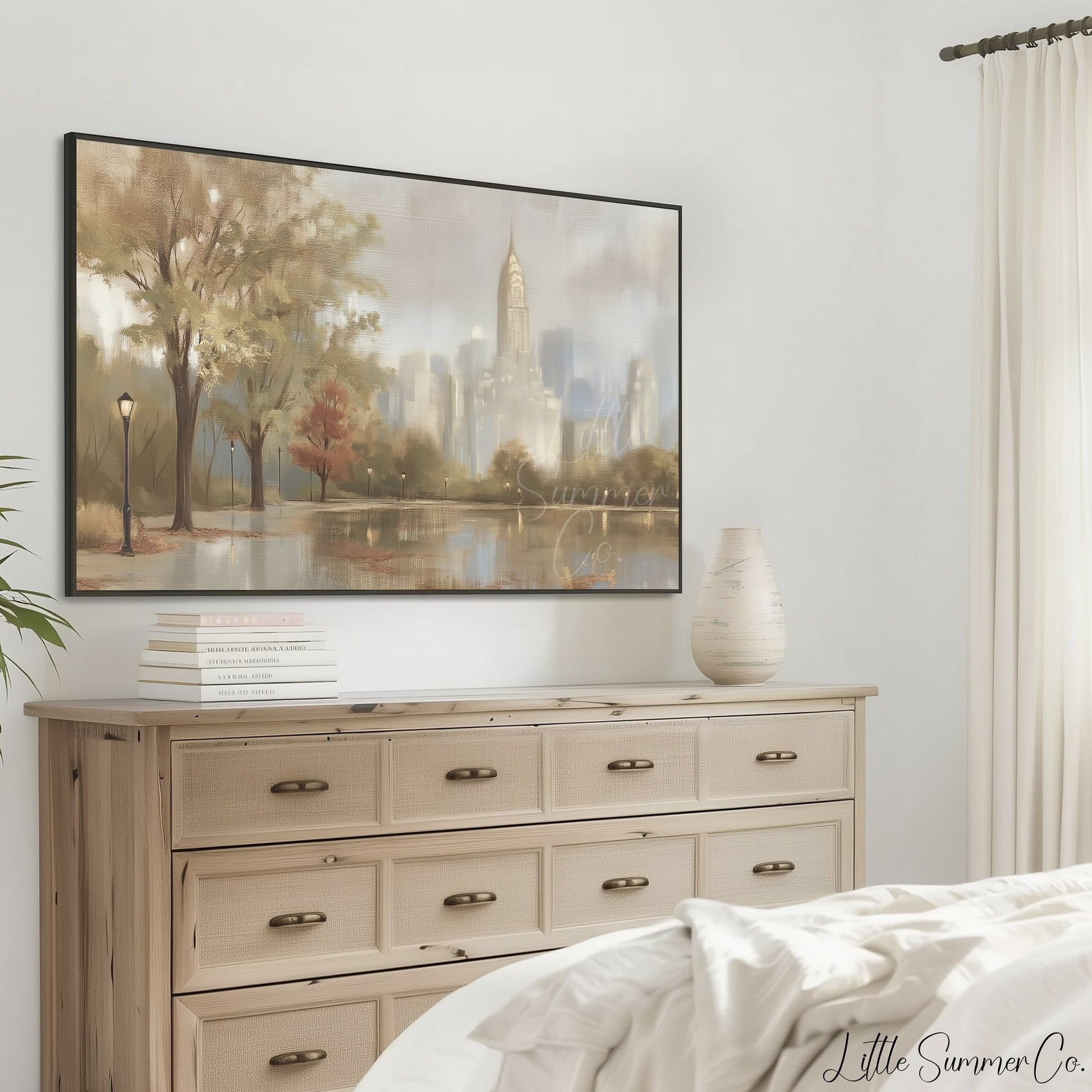 City Skyline Pond Frame TV Art displayed on a TV