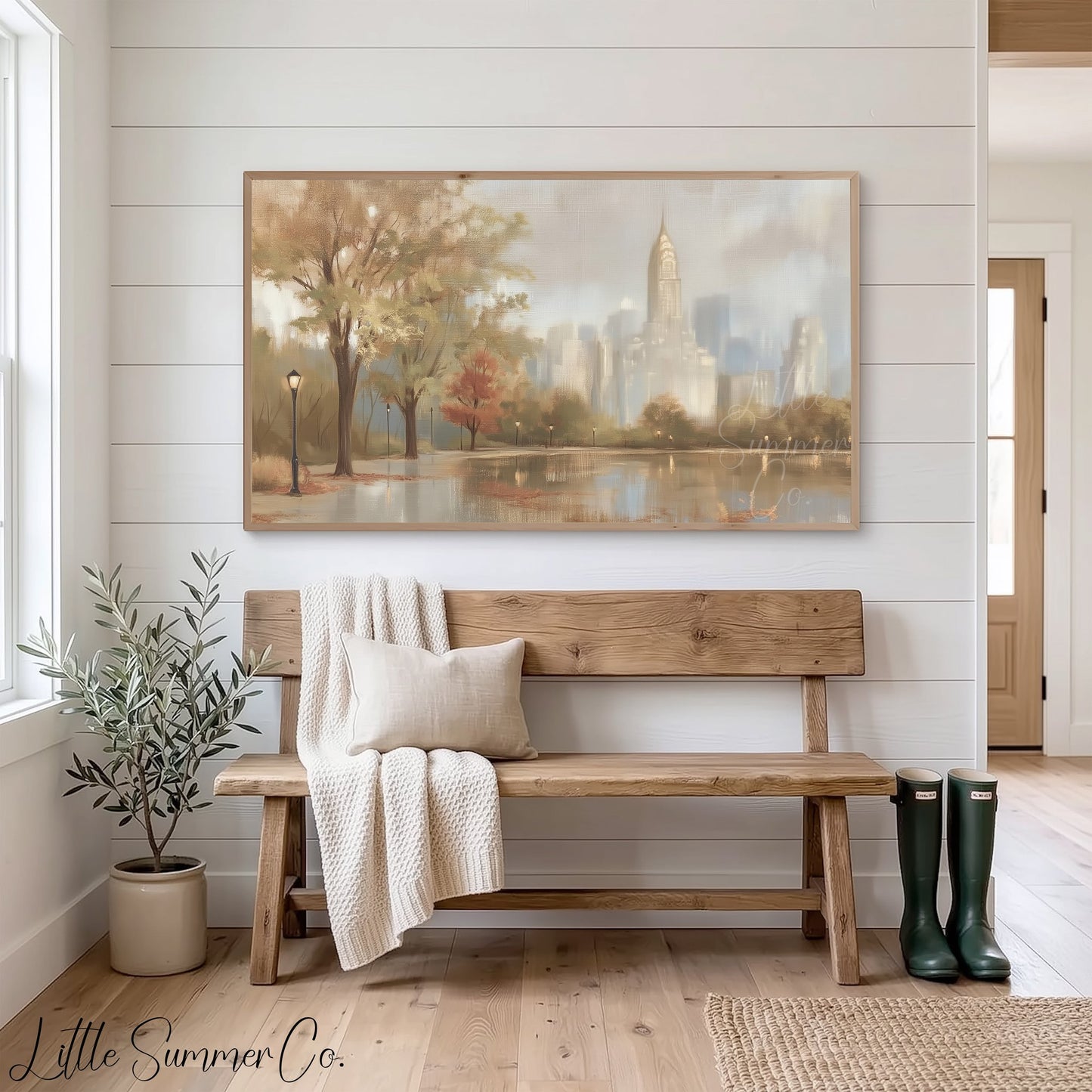 City Skyline Pond Frame TV Art displayed on a TV