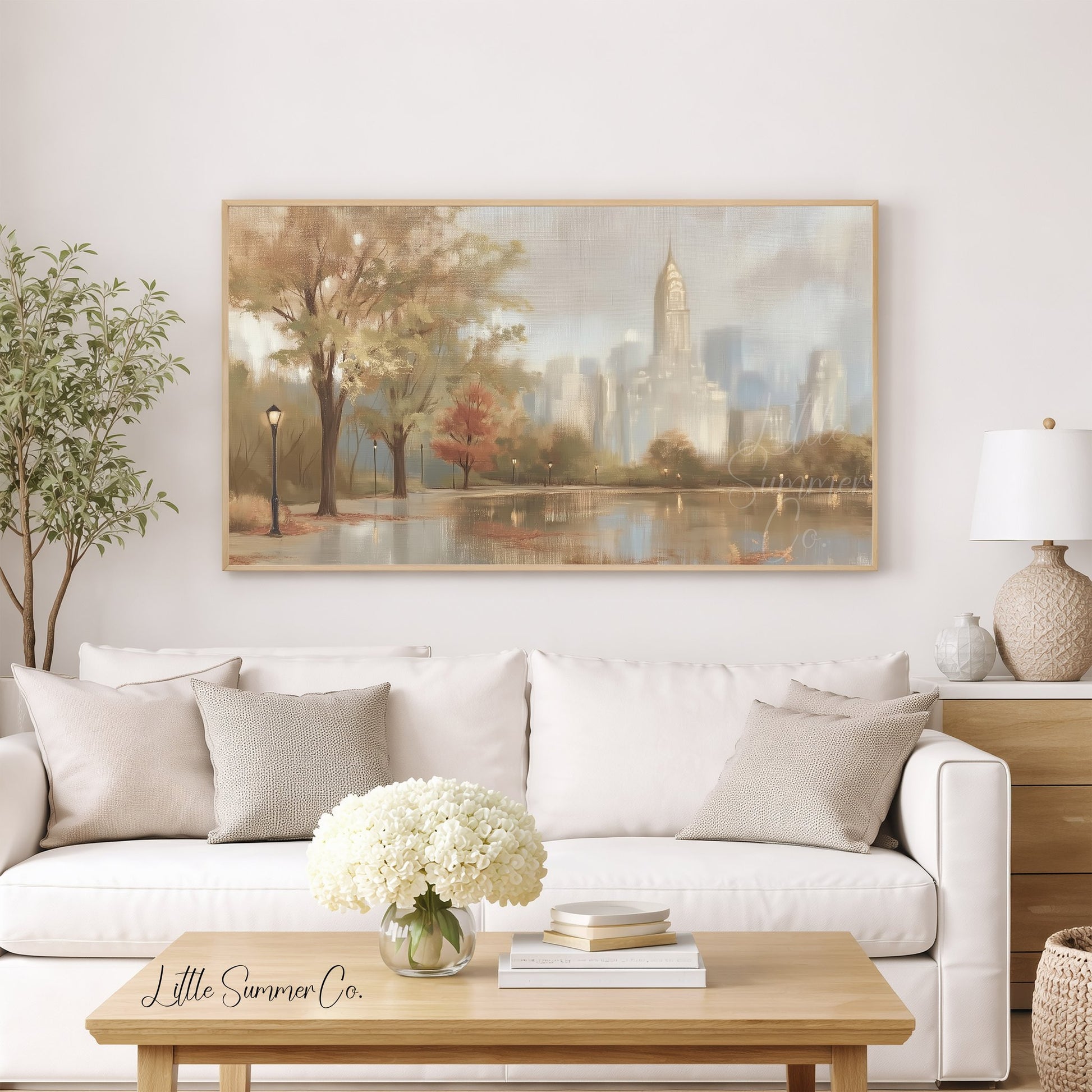 City Skyline Pond Frame TV Art displayed on a TV
