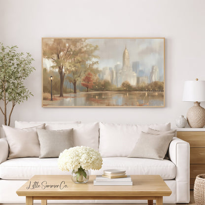City Skyline Pond Frame TV Art displayed on a TV