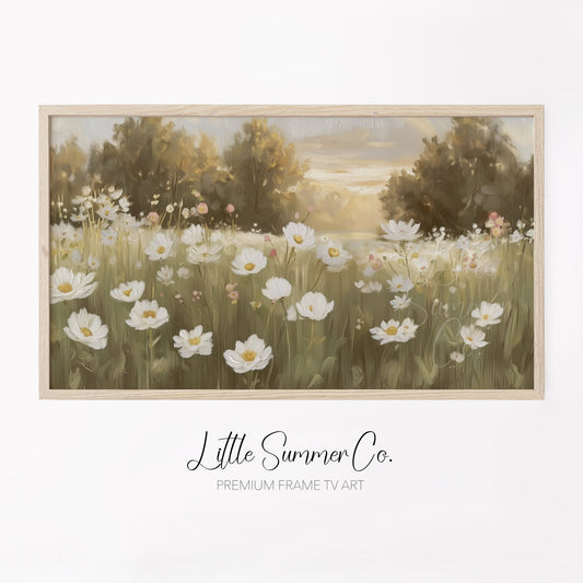 White Flower Field Frame TV Art displayed on a TV