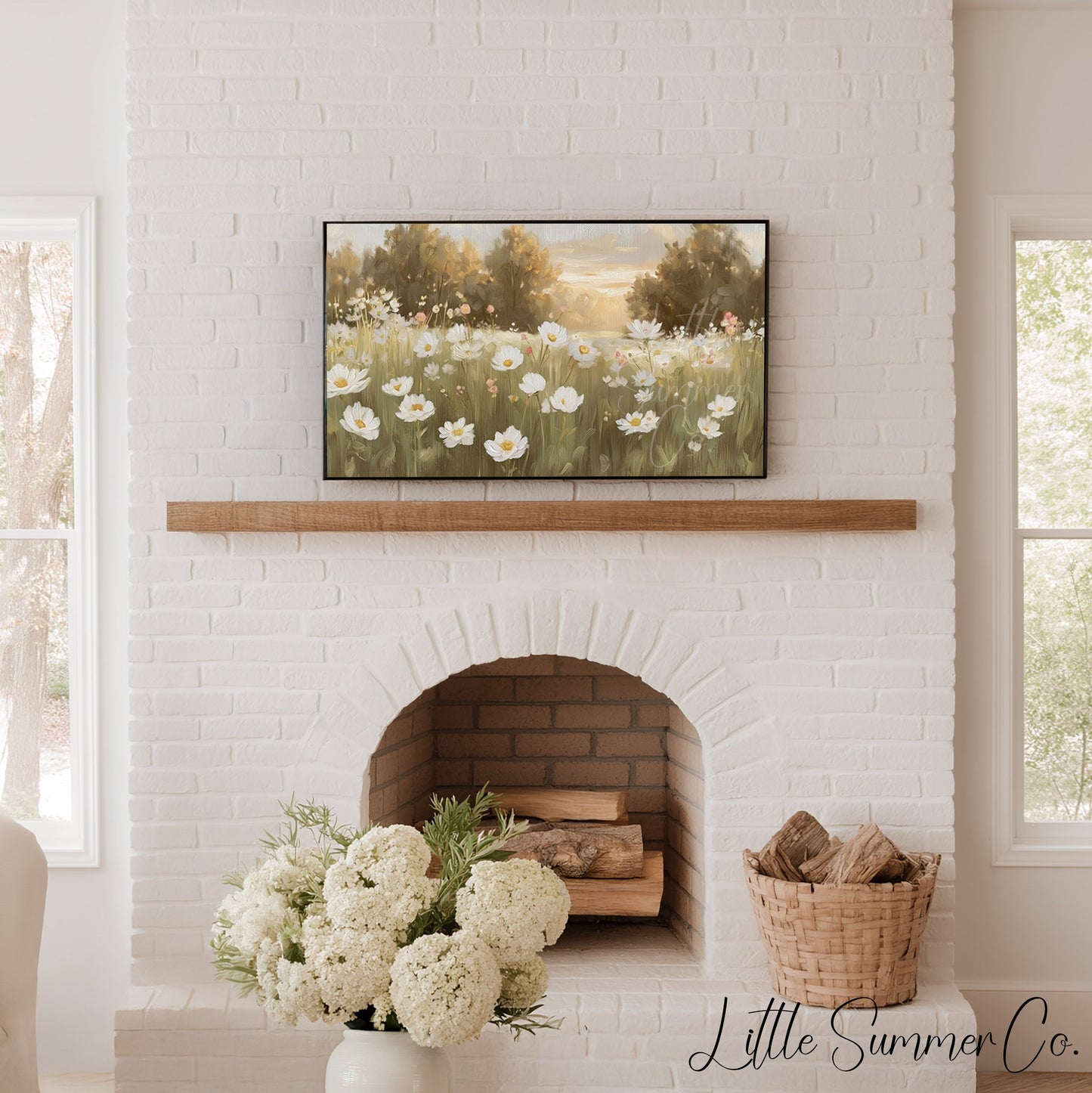 White Flower Field Frame TV Art displayed on a TV