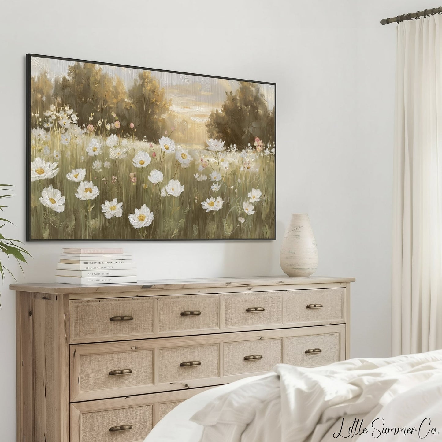 White Flower Field Frame TV Art displayed on a TV