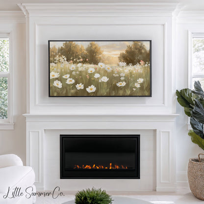 White Flower Field Frame TV Art displayed on a TV