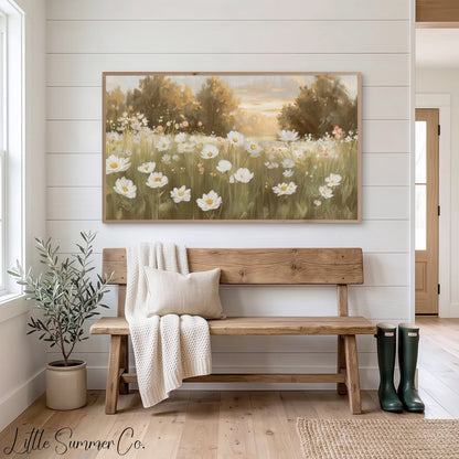 White Flower Field Frame TV Art displayed on a TV