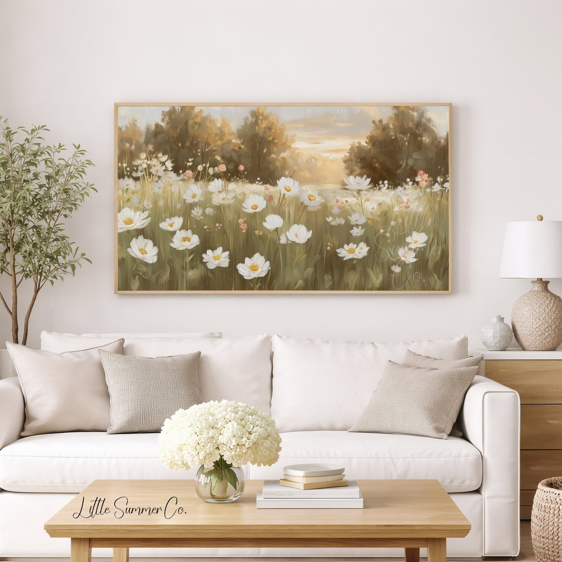 White Flower Field Frame TV Art displayed on a TV