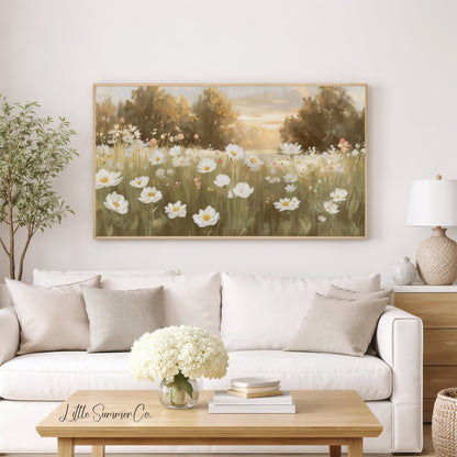White Flower Field Frame TV Art displayed on a TV