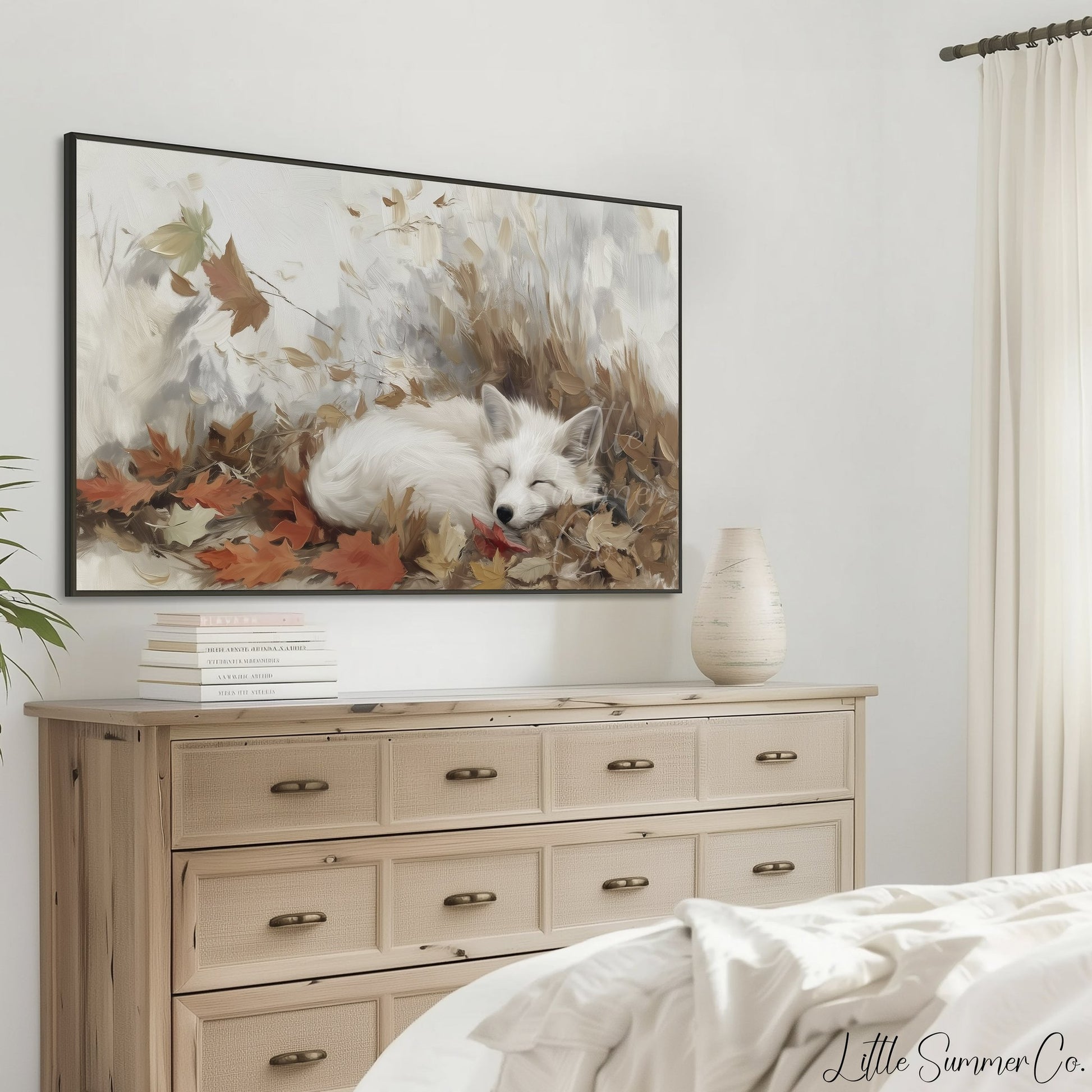 Sleeping White Fox Frame TV Art displayed on a TV
