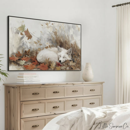 Sleeping White Fox Frame TV Art displayed on a TV
