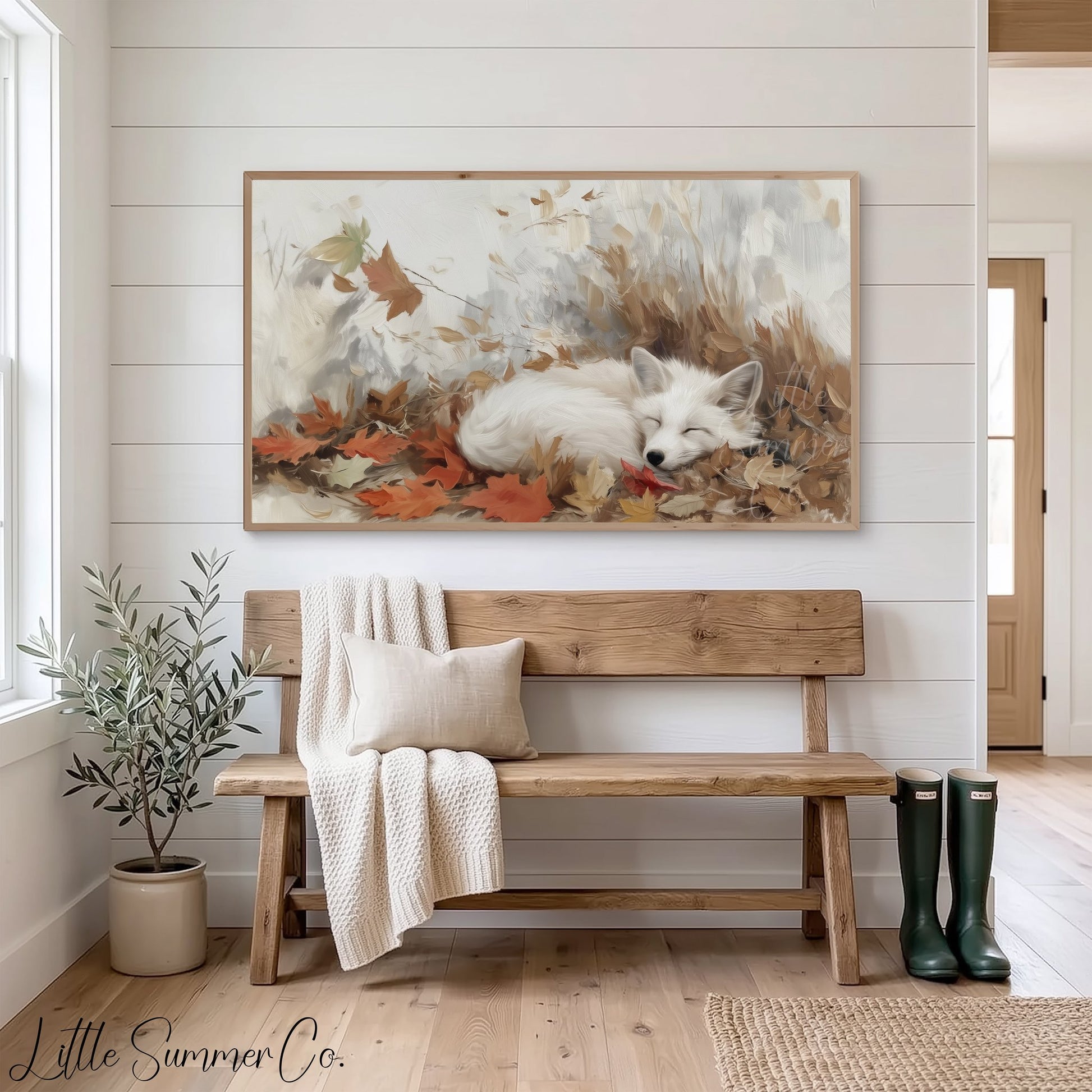 Sleeping White Fox Frame TV Art displayed on a TV