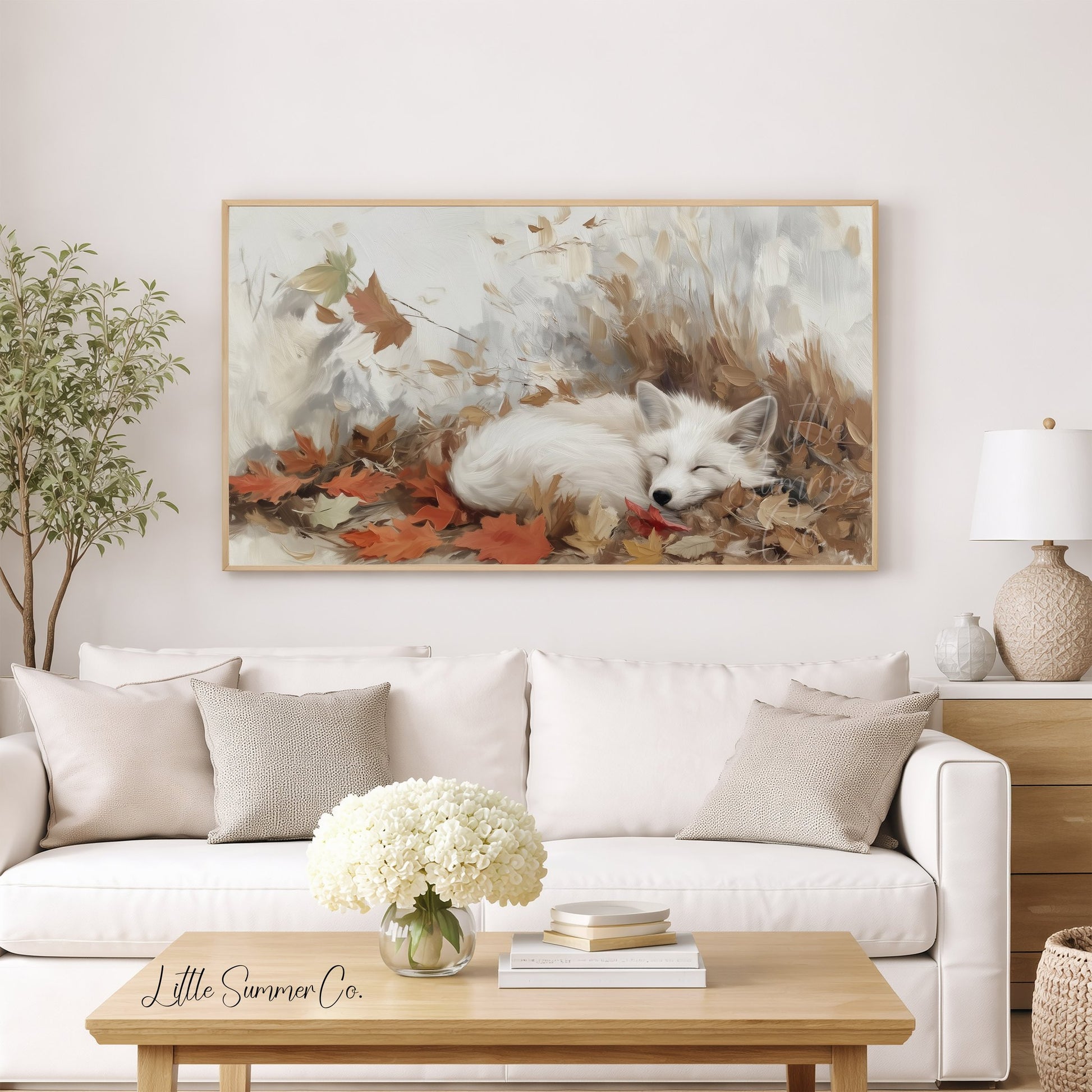 Sleeping White Fox Frame TV Art displayed on a TV