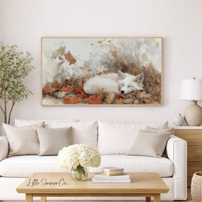 Sleeping White Fox Frame TV Art displayed on a TV