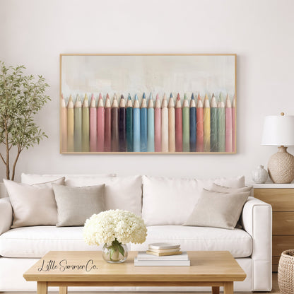 Colored Pencils Row Frame TV Art displayed on a TV