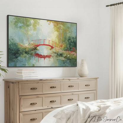 Red Bridge Frame TV Art displayed on a TV