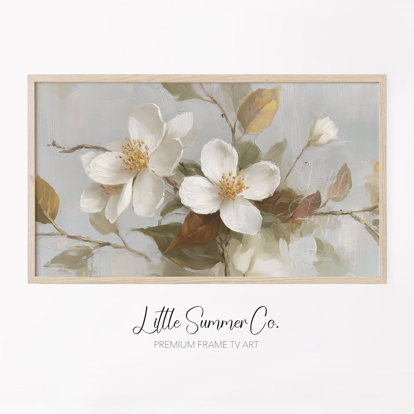 White Blossom Branches Frame TV Art displayed on a TV