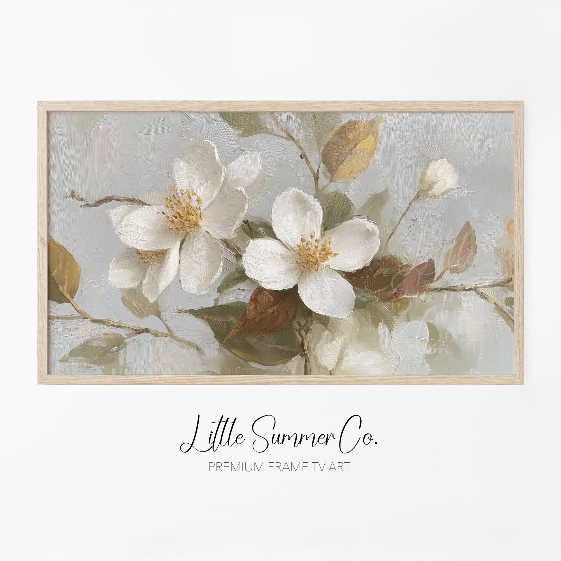 White Blossom Branches Frame TV Art displayed on a TV