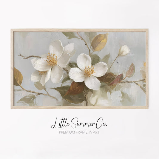 White Blossom Branches Frame TV Art displayed on a TV