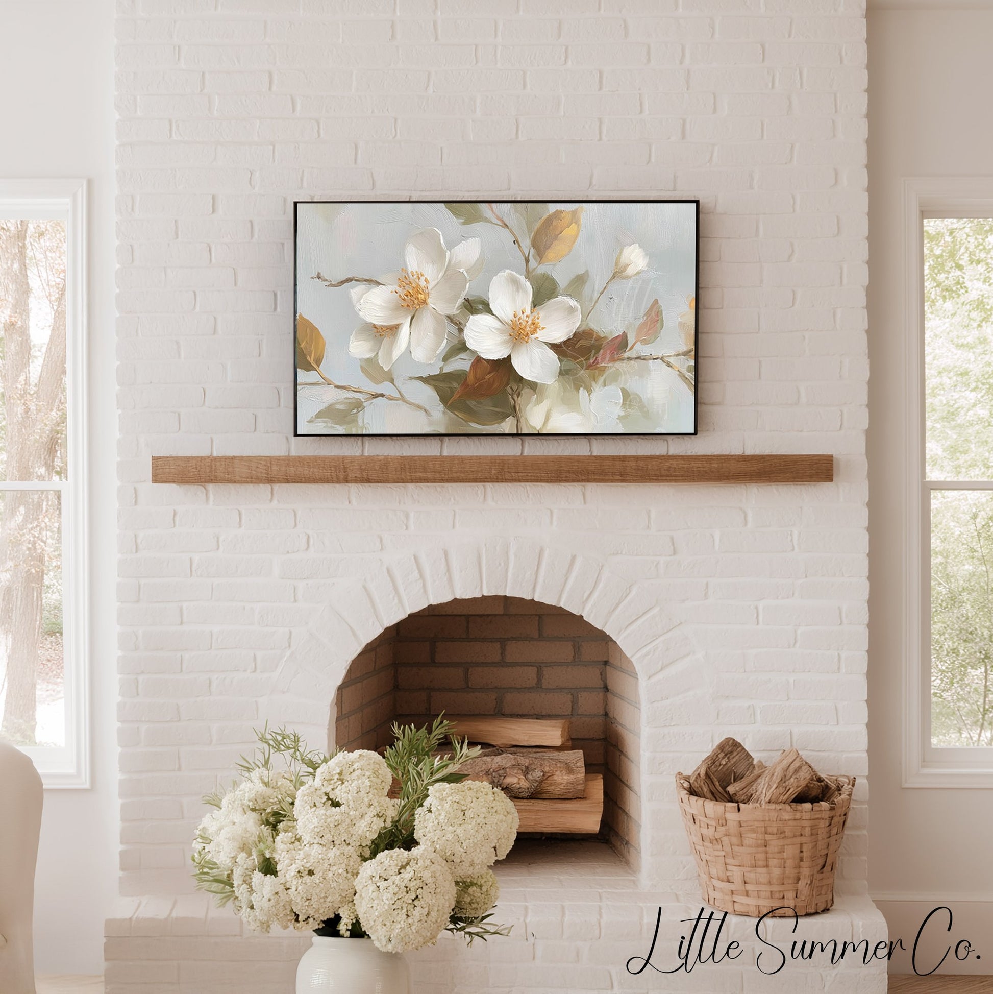 White Blossom Branches Frame TV Art displayed on a TV