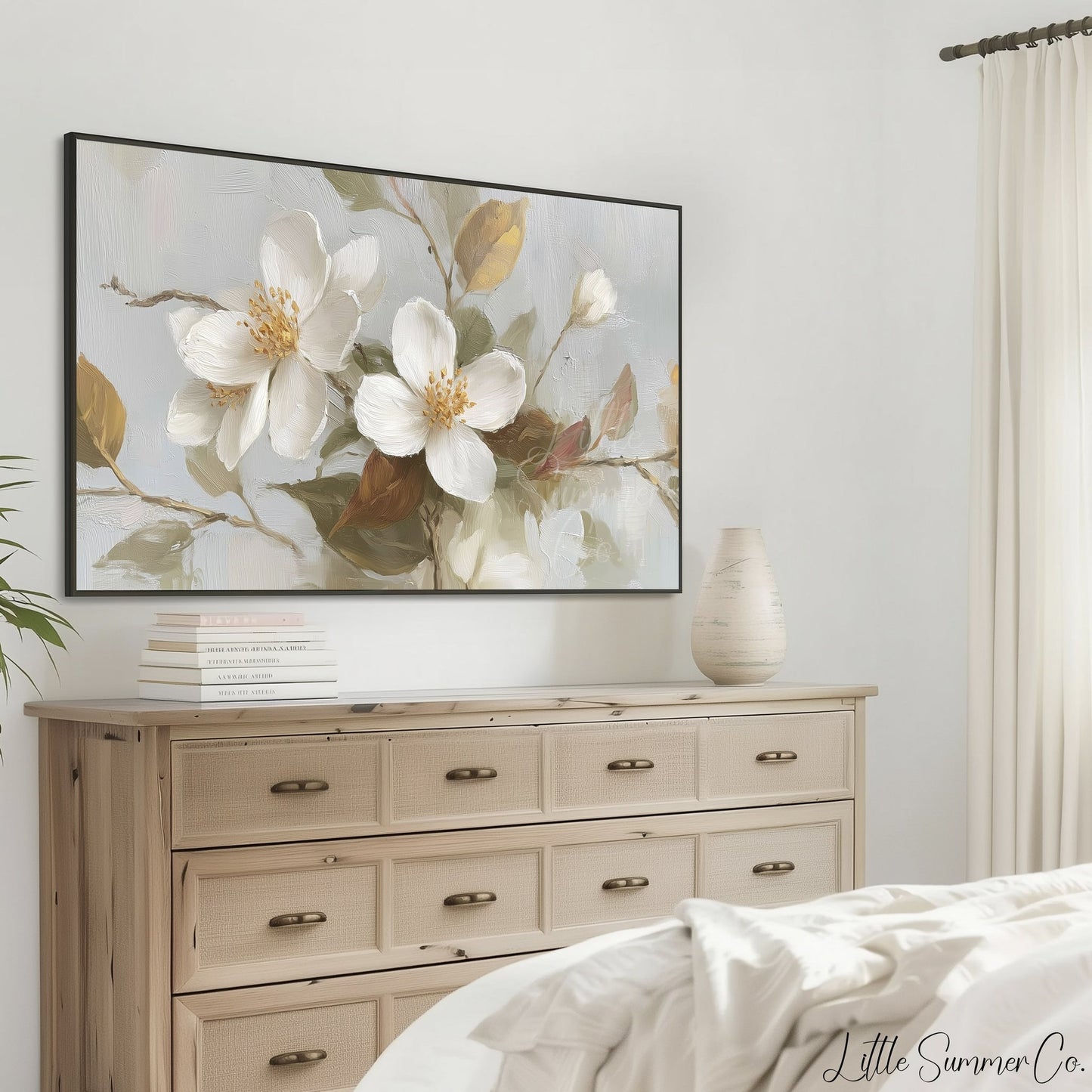 White Blossom Branches Frame TV Art displayed on a TV