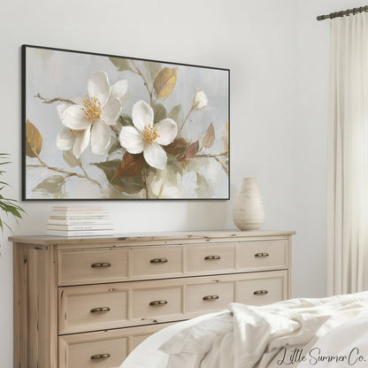 White Blossom Branches Frame TV Art displayed on a TV