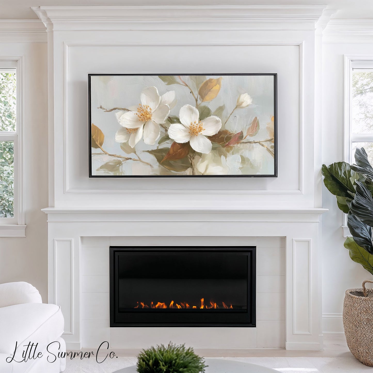 White Blossom Branches Frame TV Art displayed on a TV