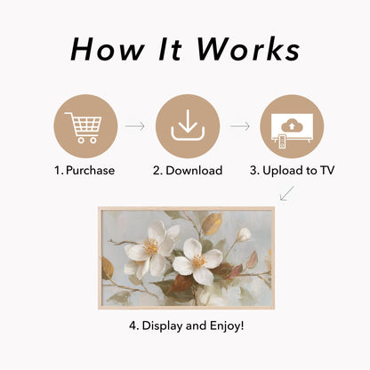 White Blossom Branches Frame TV Art displayed on a TV