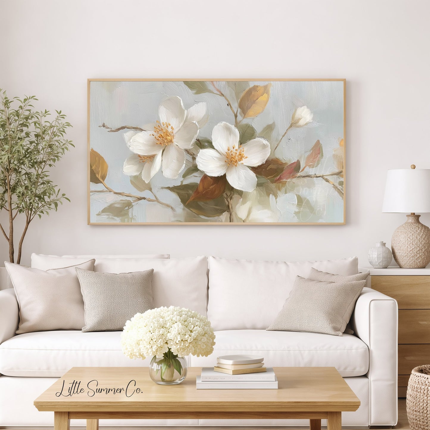 White Blossom Branches Frame TV Art displayed on a TV