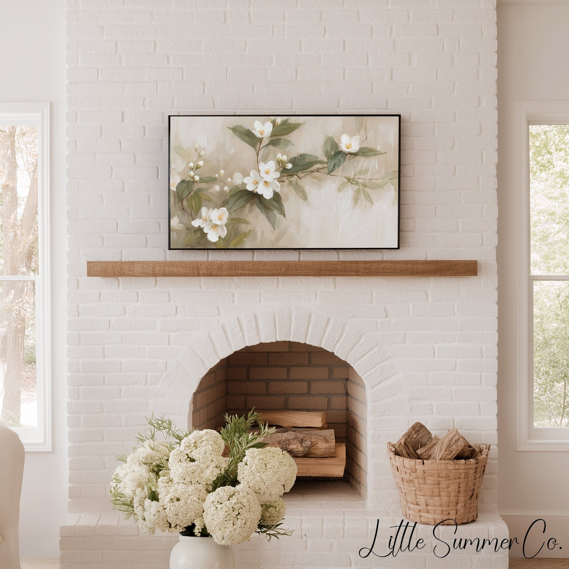 White Blossom Branch Frame TV Art displayed on a TV