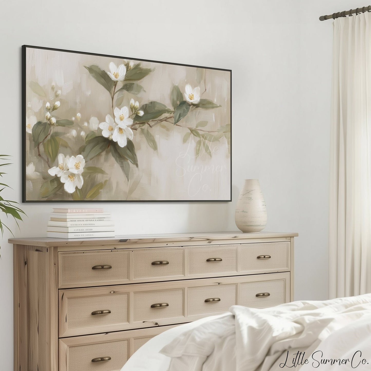 White Blossom Branch Frame TV Art displayed on a TV