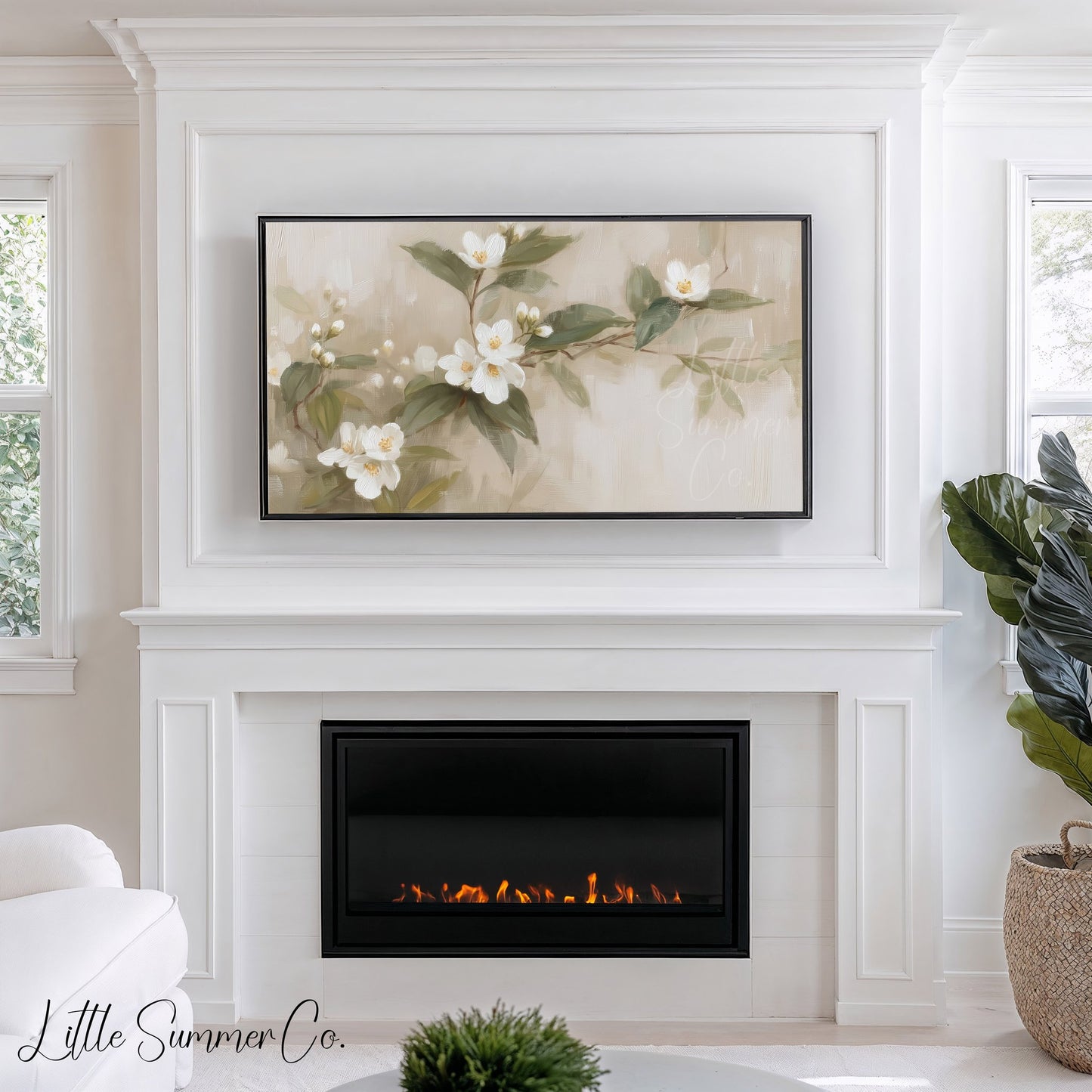 White Blossom Branch Frame TV Art displayed on a TV