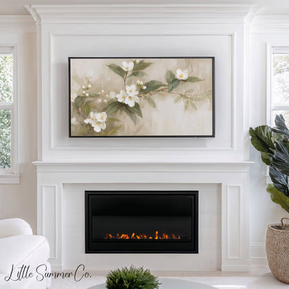 White Blossom Branch Frame TV Art displayed on a TV