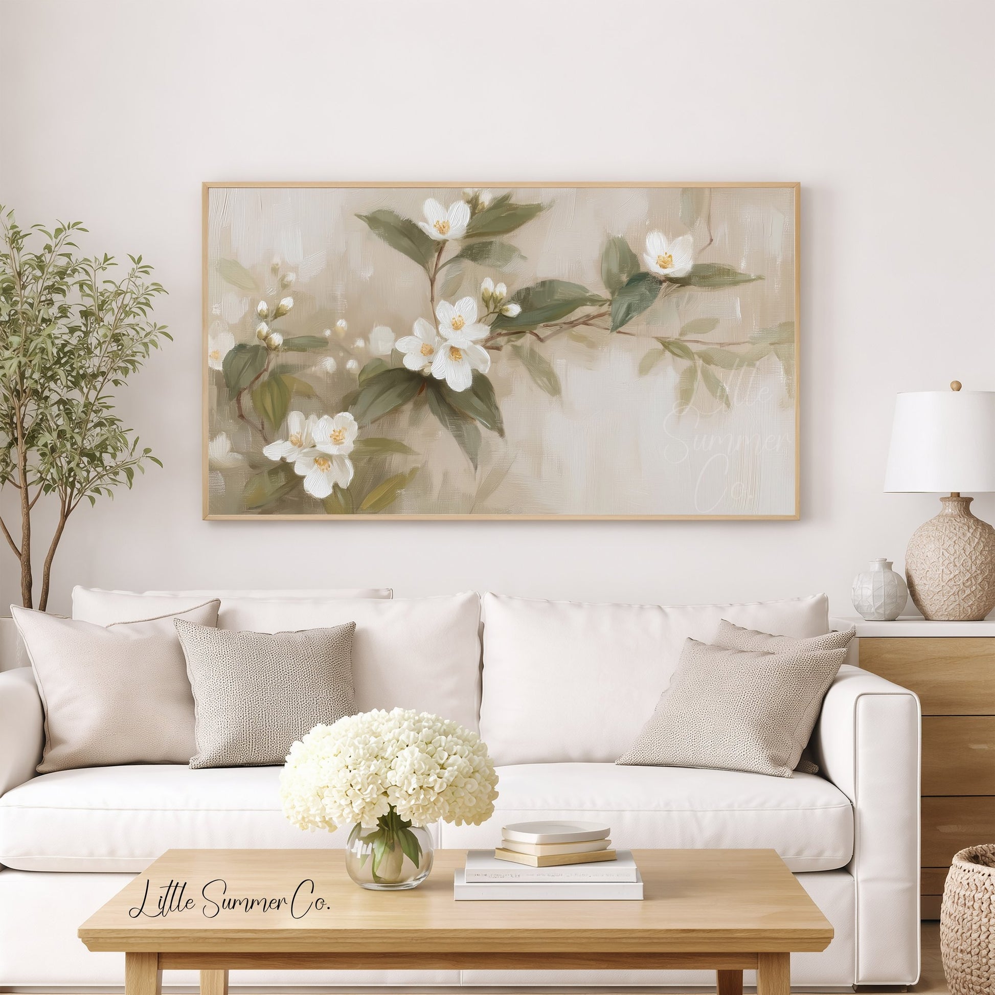 White Blossom Branch Frame TV Art displayed on a TV
