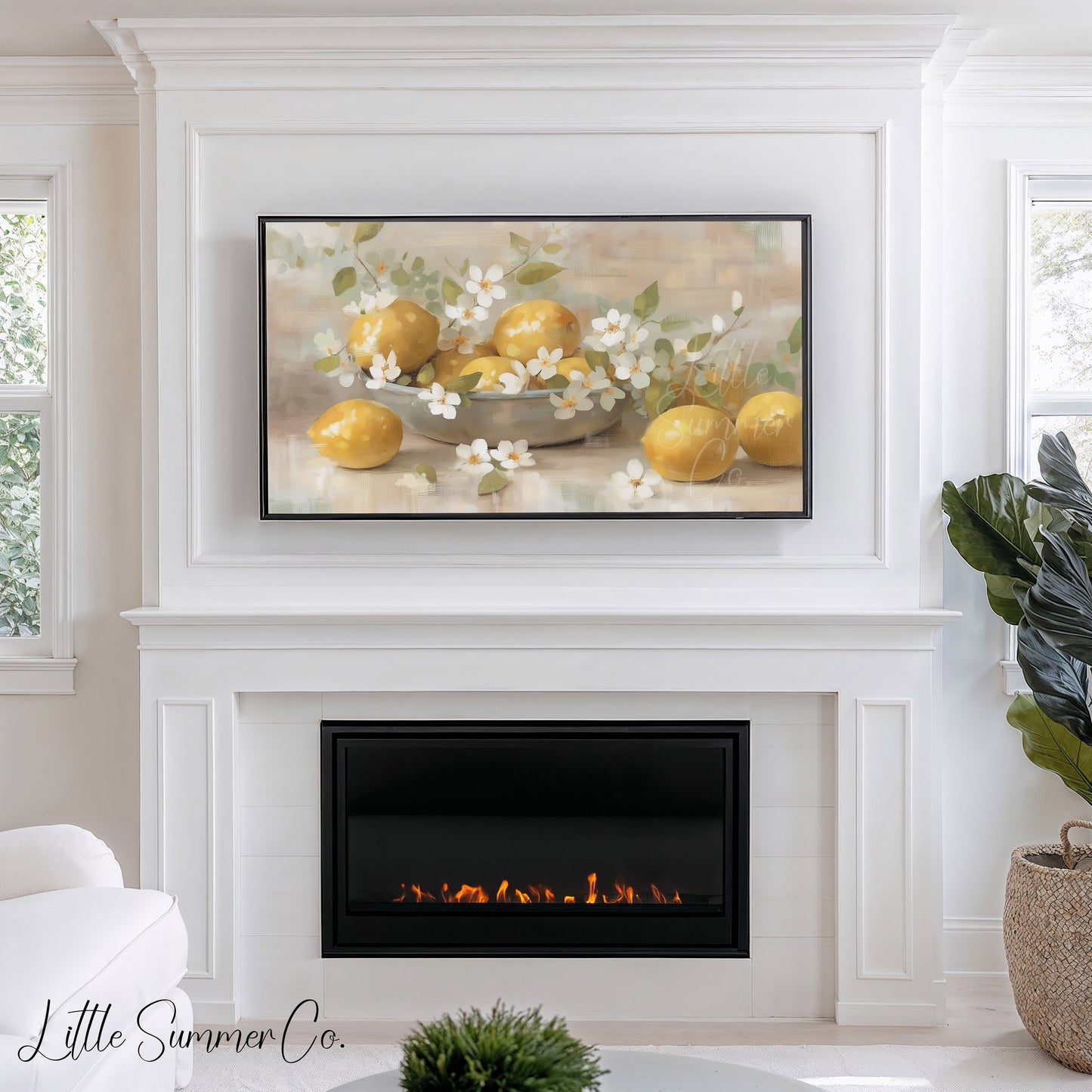 Lemons And Blossoms Frame TV Art displayed on a TV
