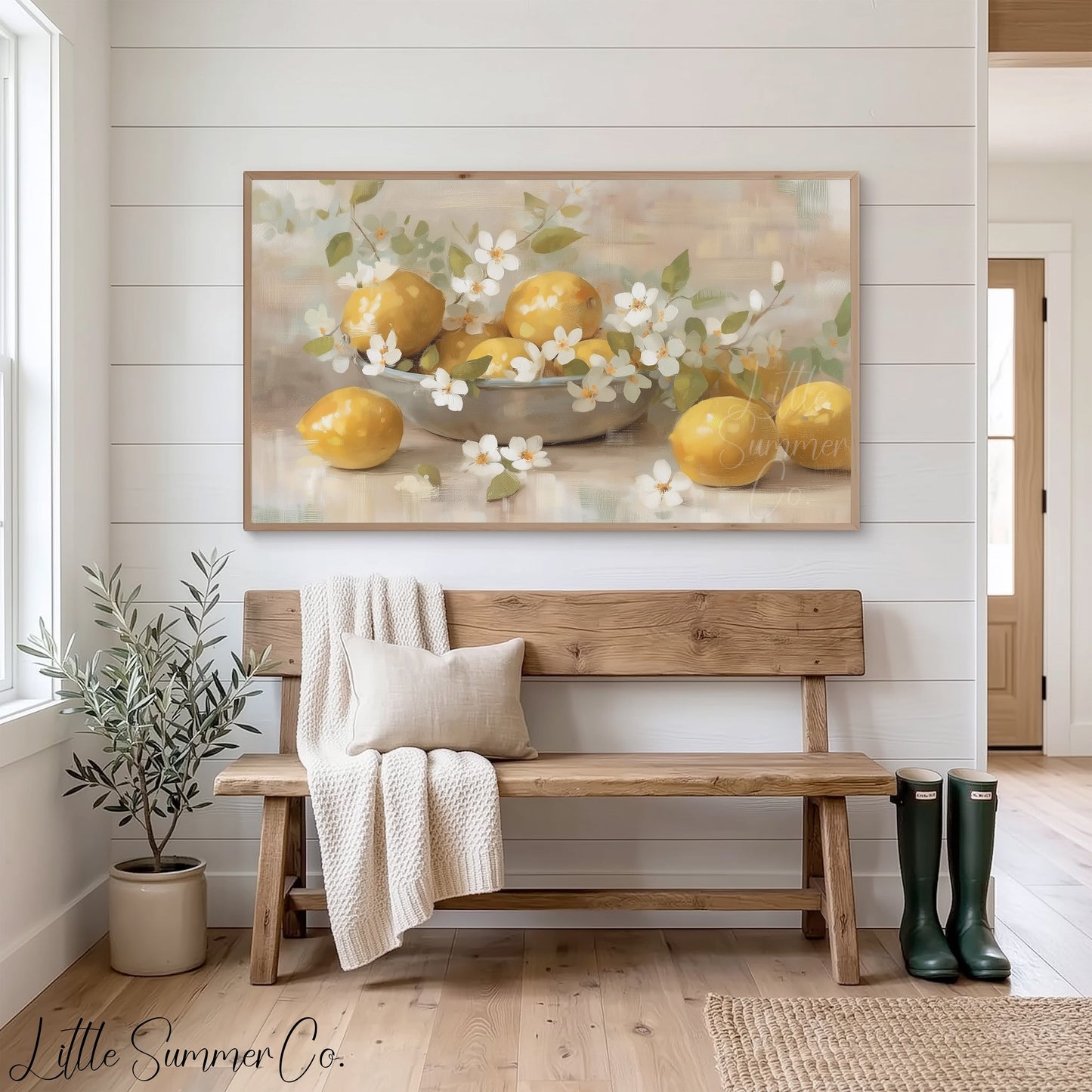 Lemons And Blossoms Frame TV Art displayed on a TV