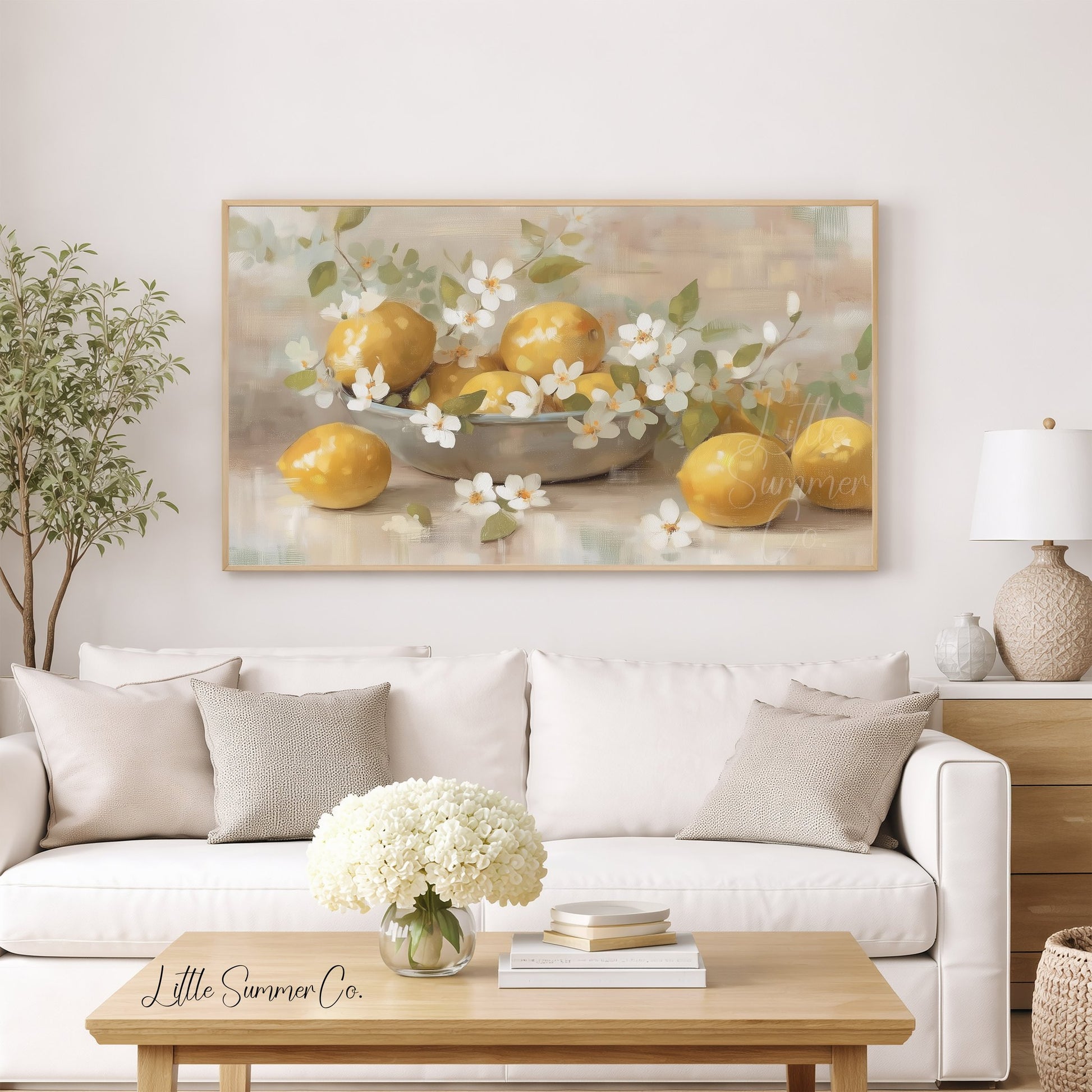 Lemons And Blossoms Frame TV Art displayed on a TV